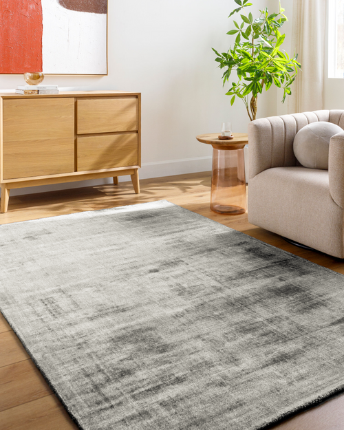 Grey distressed textured rug with abstract horizontal striped pattern