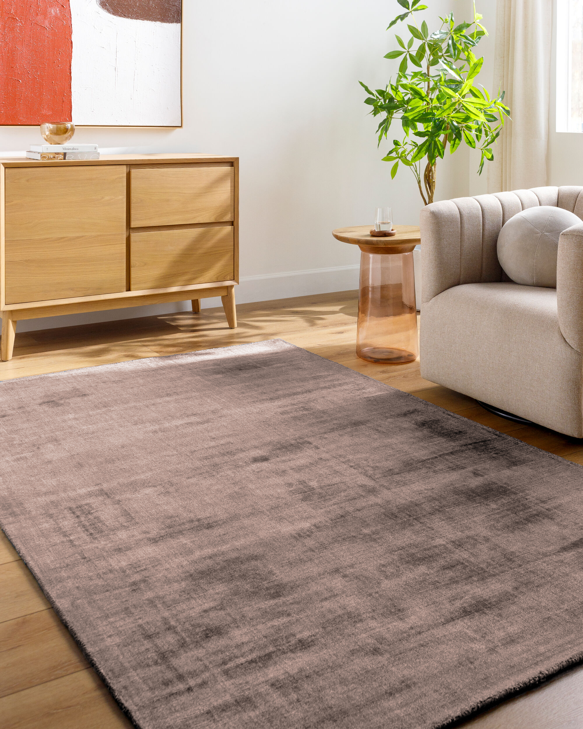 Modern distressed mauve rug with abstract worn texture pattern