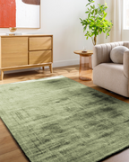 Sage green distressed texture area rug with mottled vintage appearance