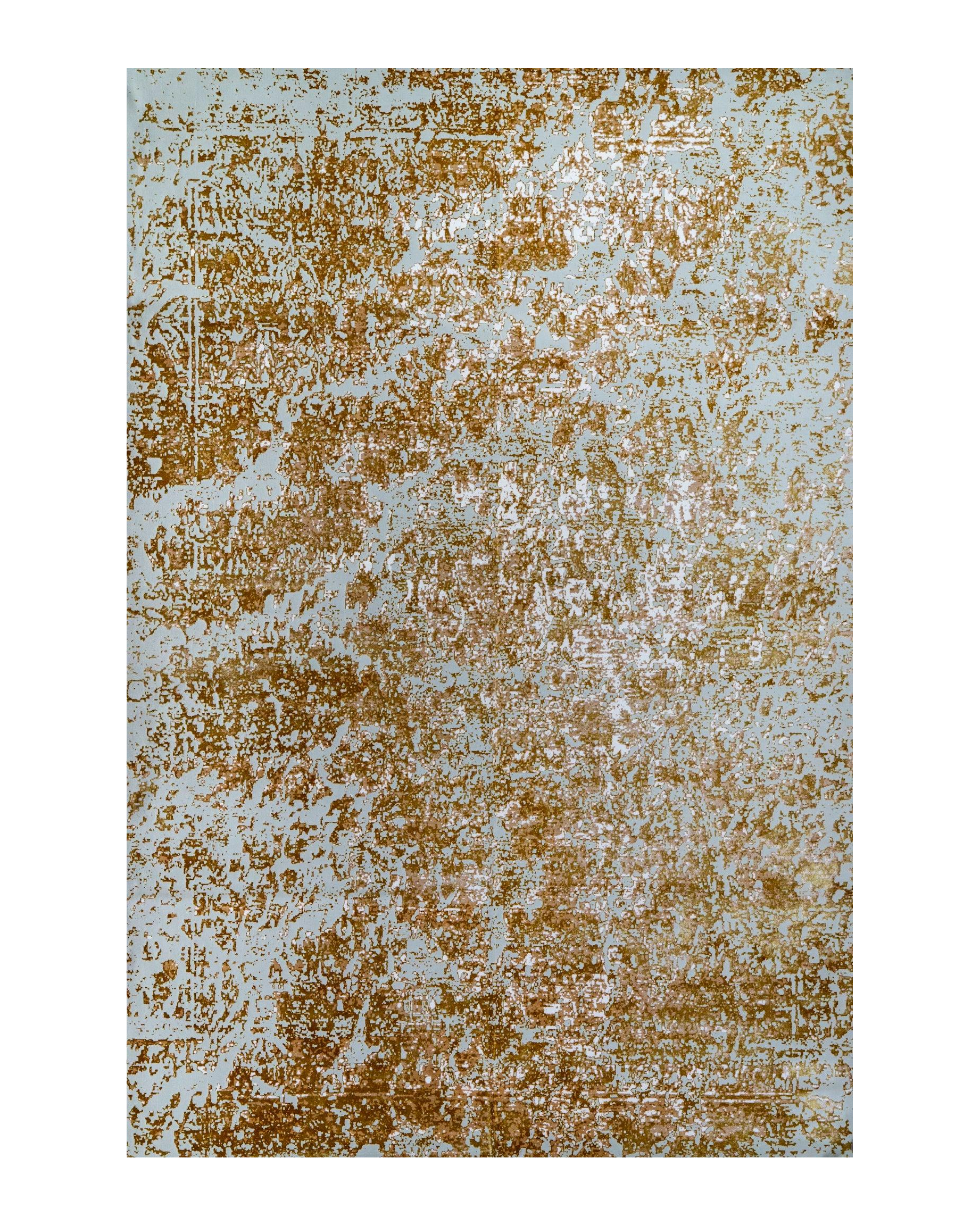 Light blue and gold distressed texture rug with vintage worn pattern