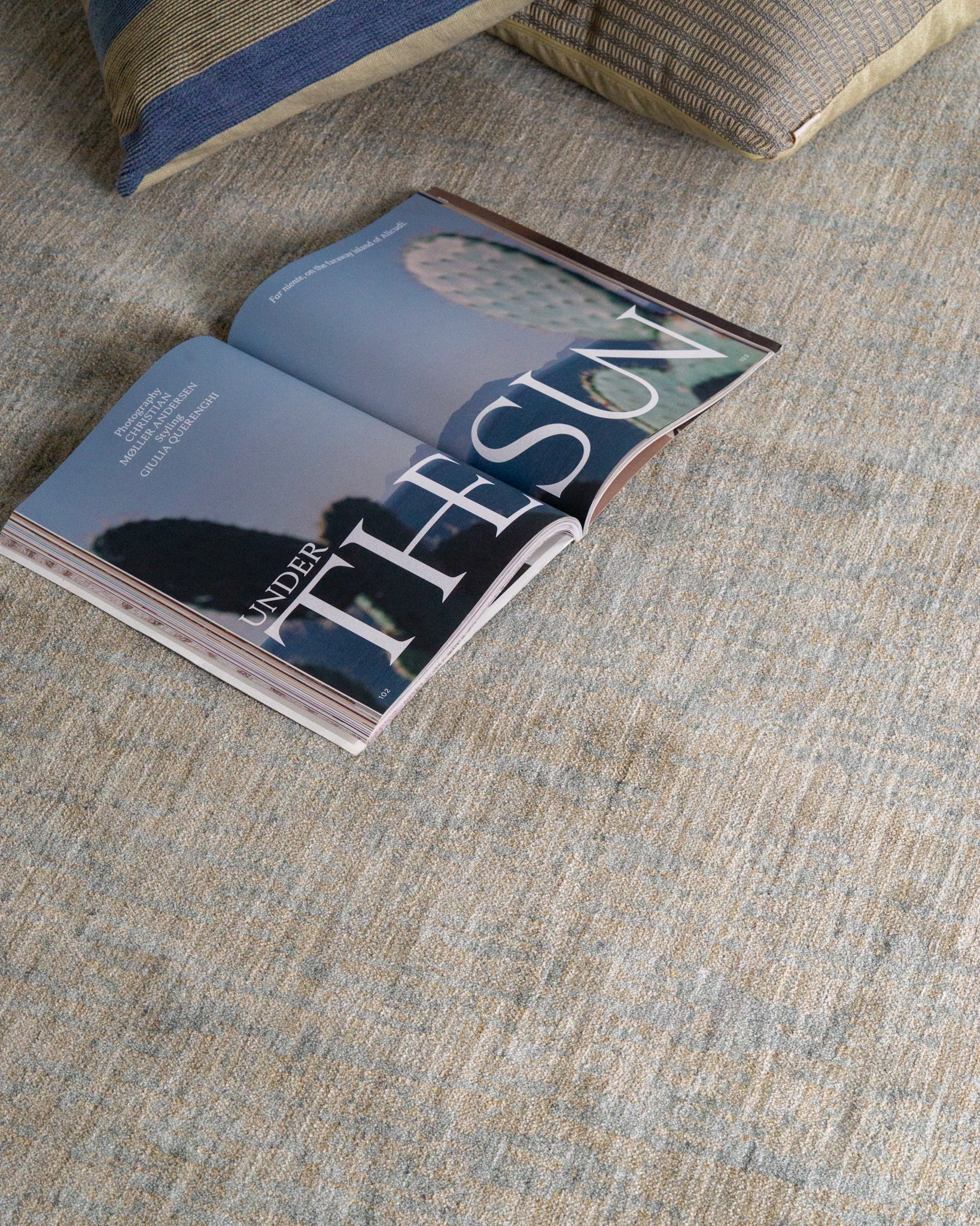Neutral beige wool rug with subtle textured weave pattern throughout