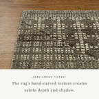 Brown and cream geometric patterned rug with textured weave design