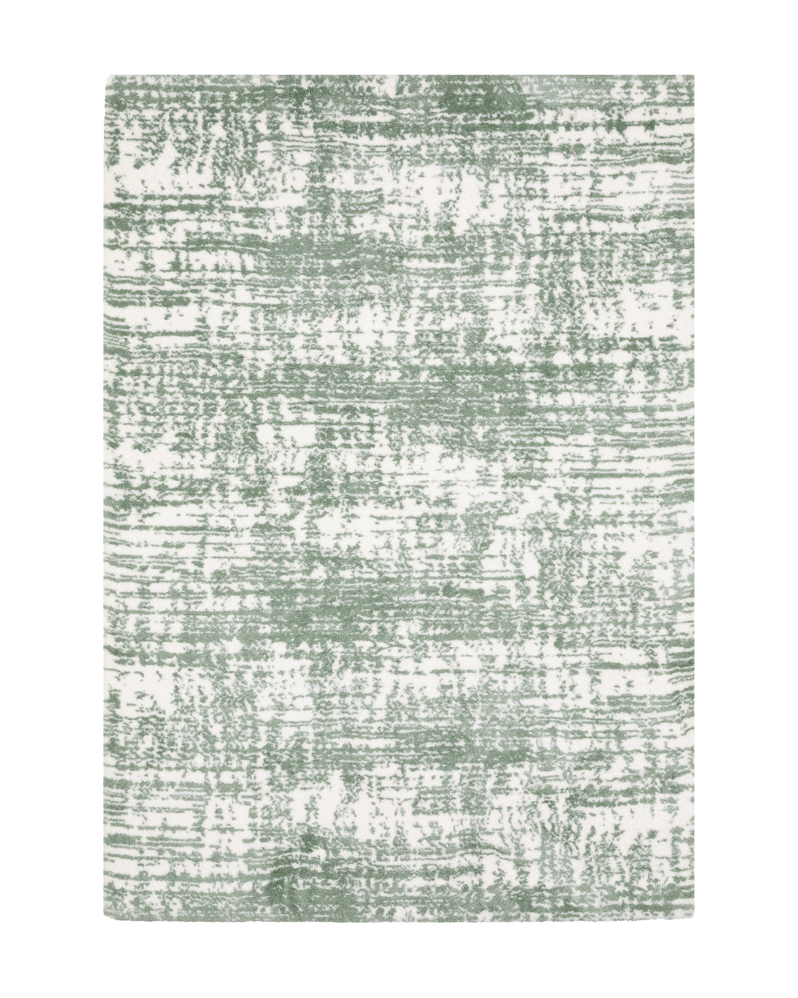 Green and white distressed textured area rug with abstract marbled pattern