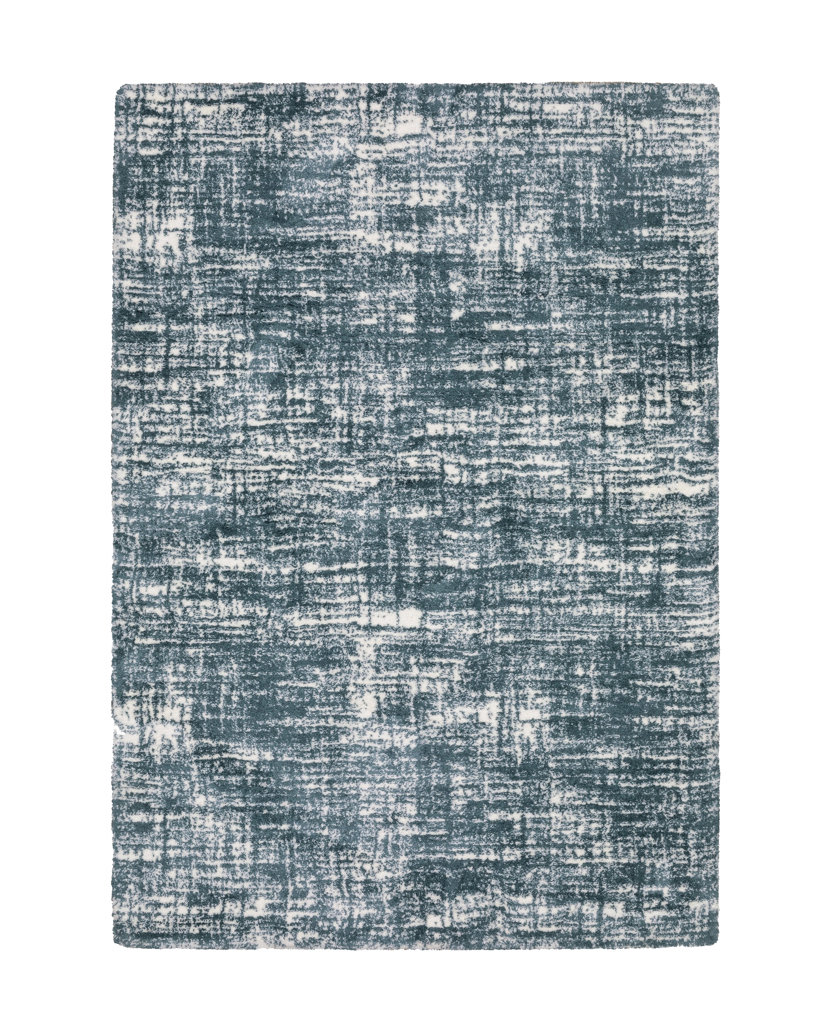 Modern teal and white textured area rug with abstract distressed pattern