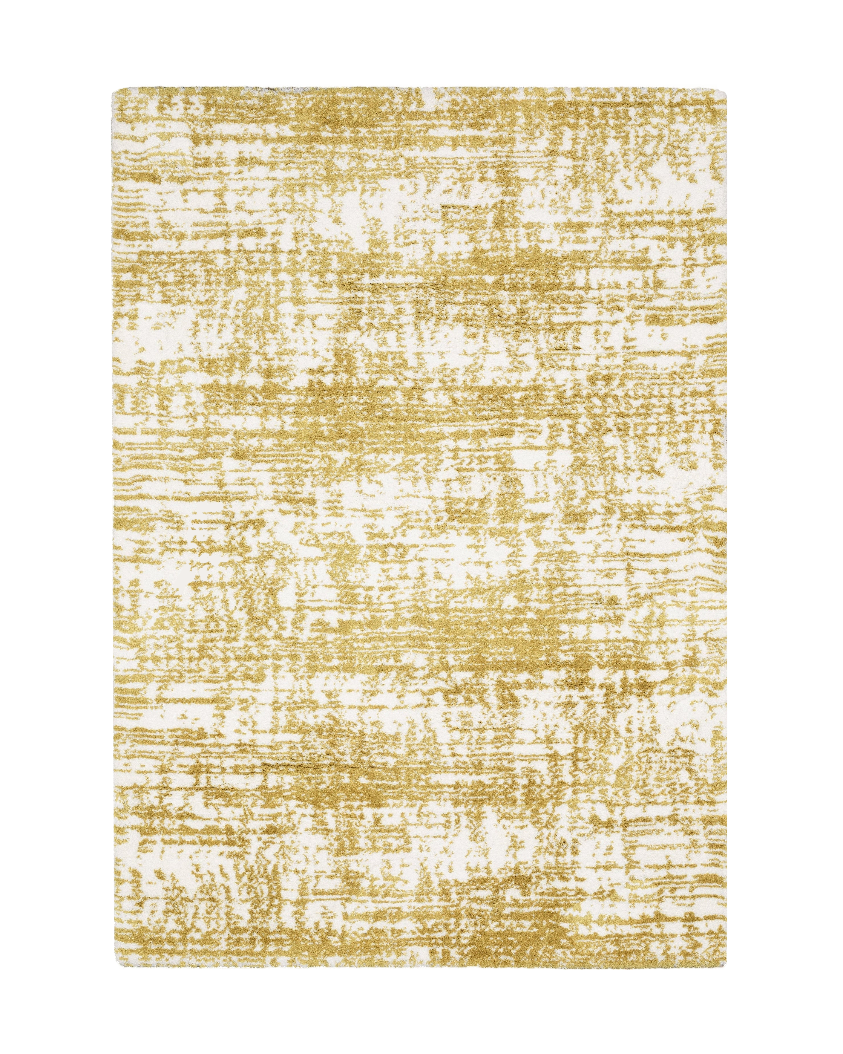 Gold and white distressed texture rug with abstract horizontal pattern