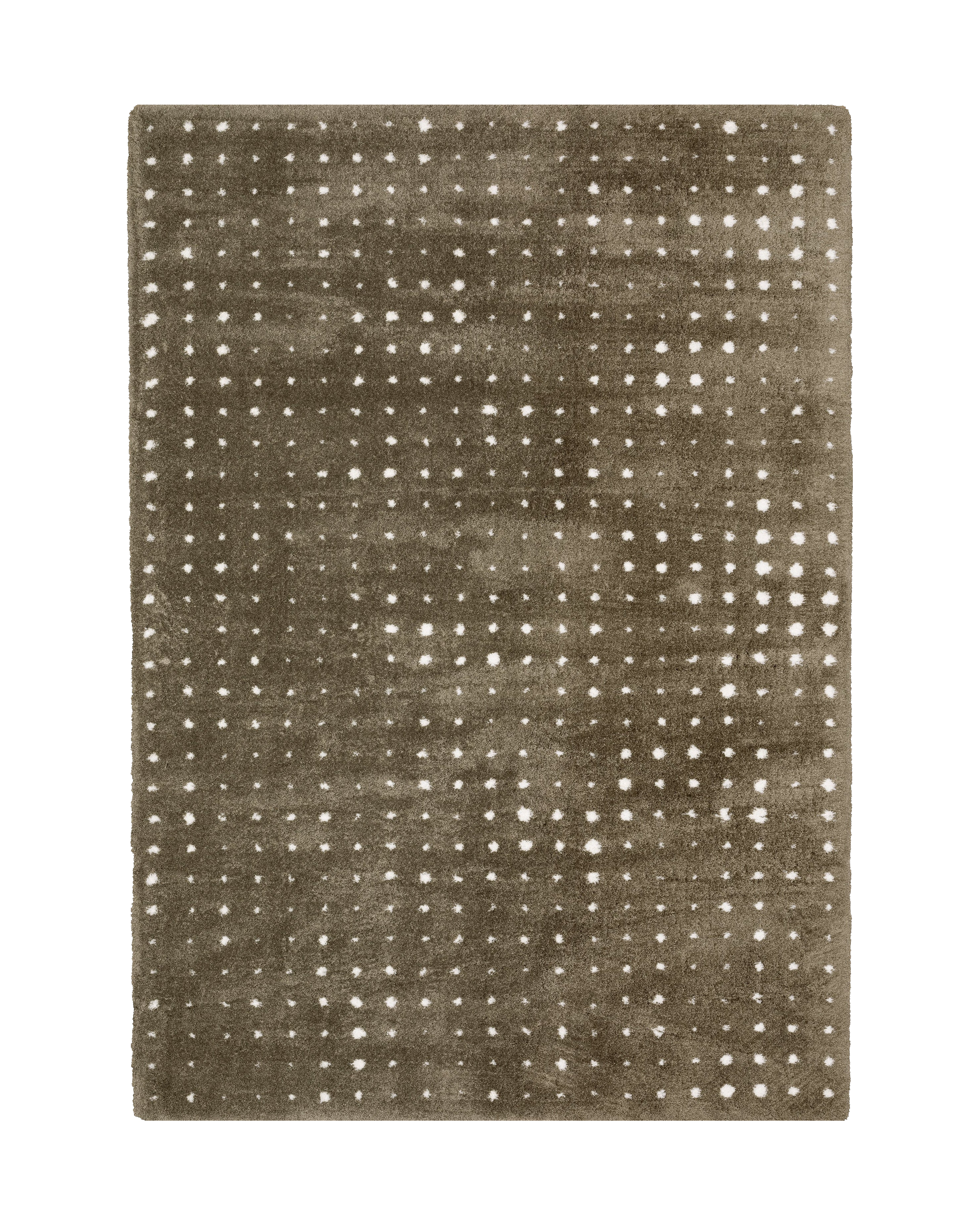 Grey wool rug with white polka dot pattern and textured surface