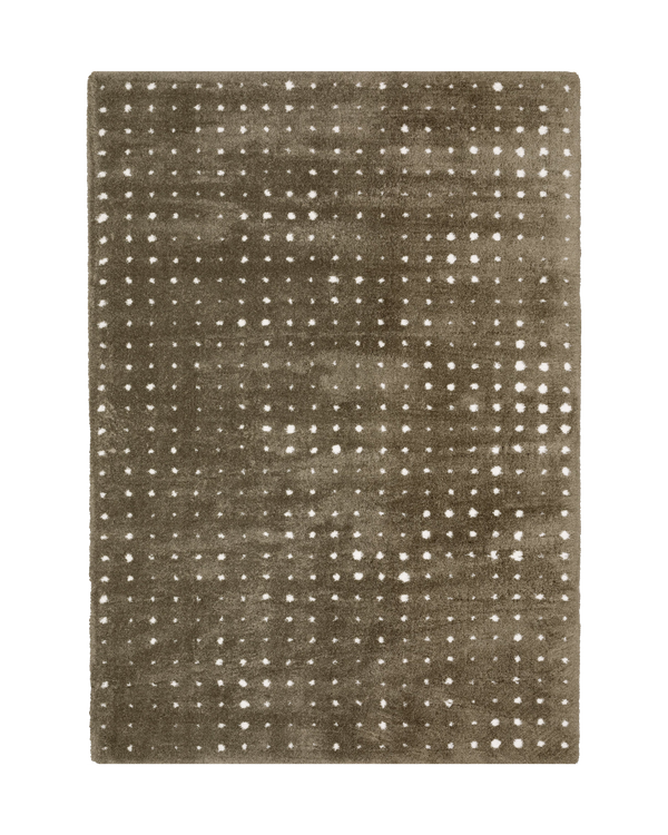 Grey wool rug with white polka dot pattern and textured surface