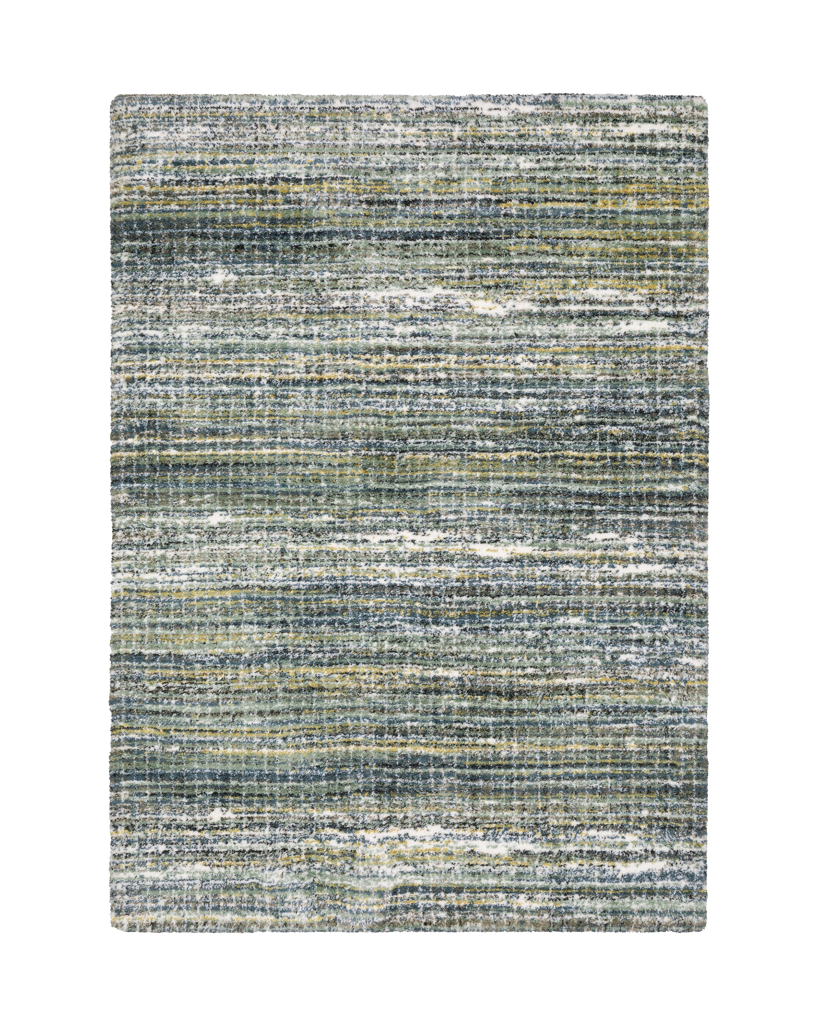 Textured striped area rug in grey, blue, green and cream tones
