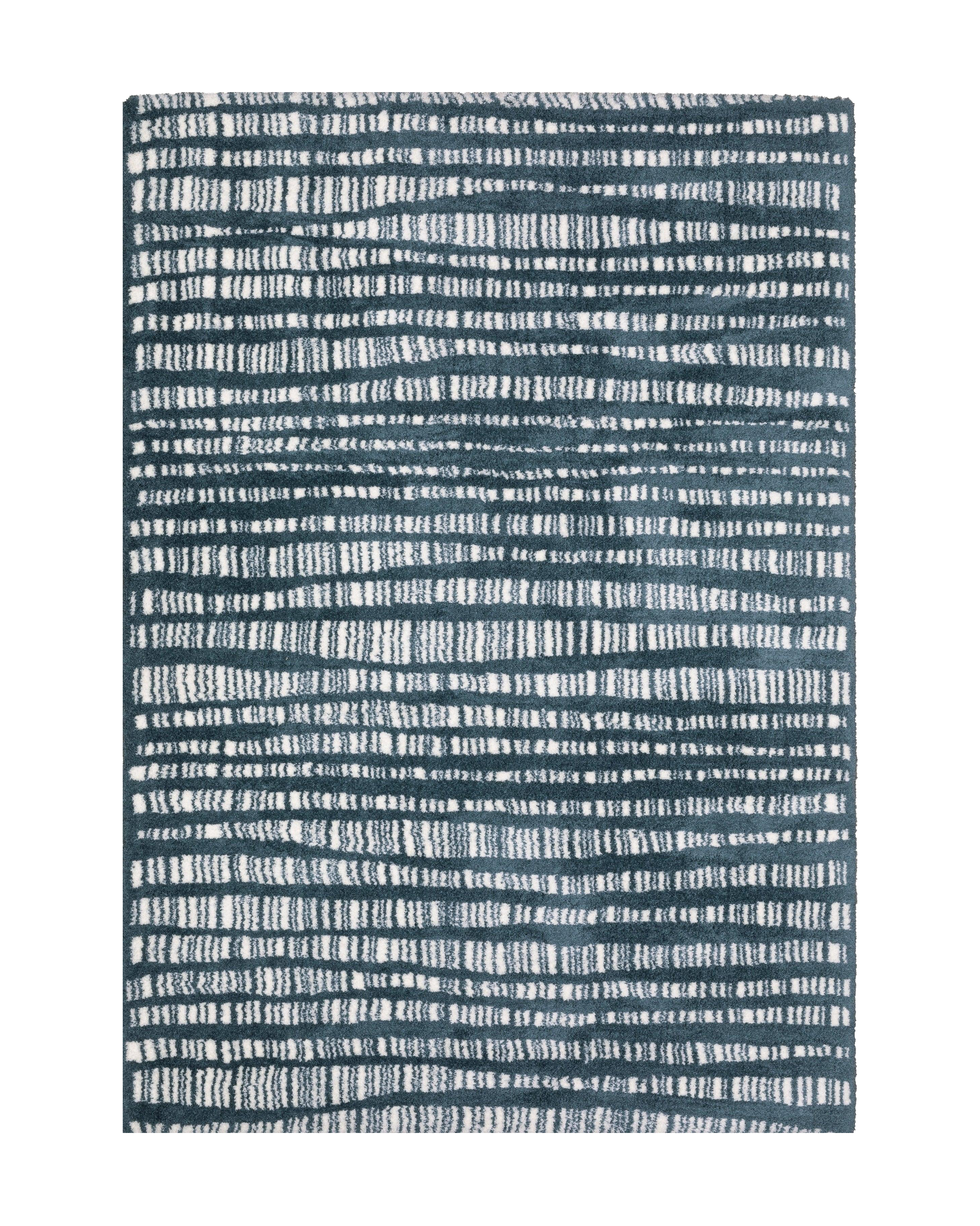 Teal and white striped wool rug with textured horizontal pattern detail