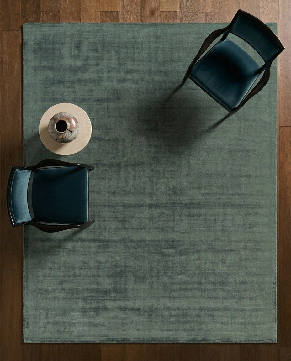 Sage green distressed rug with textured, mottled surface and worn vintage appearance