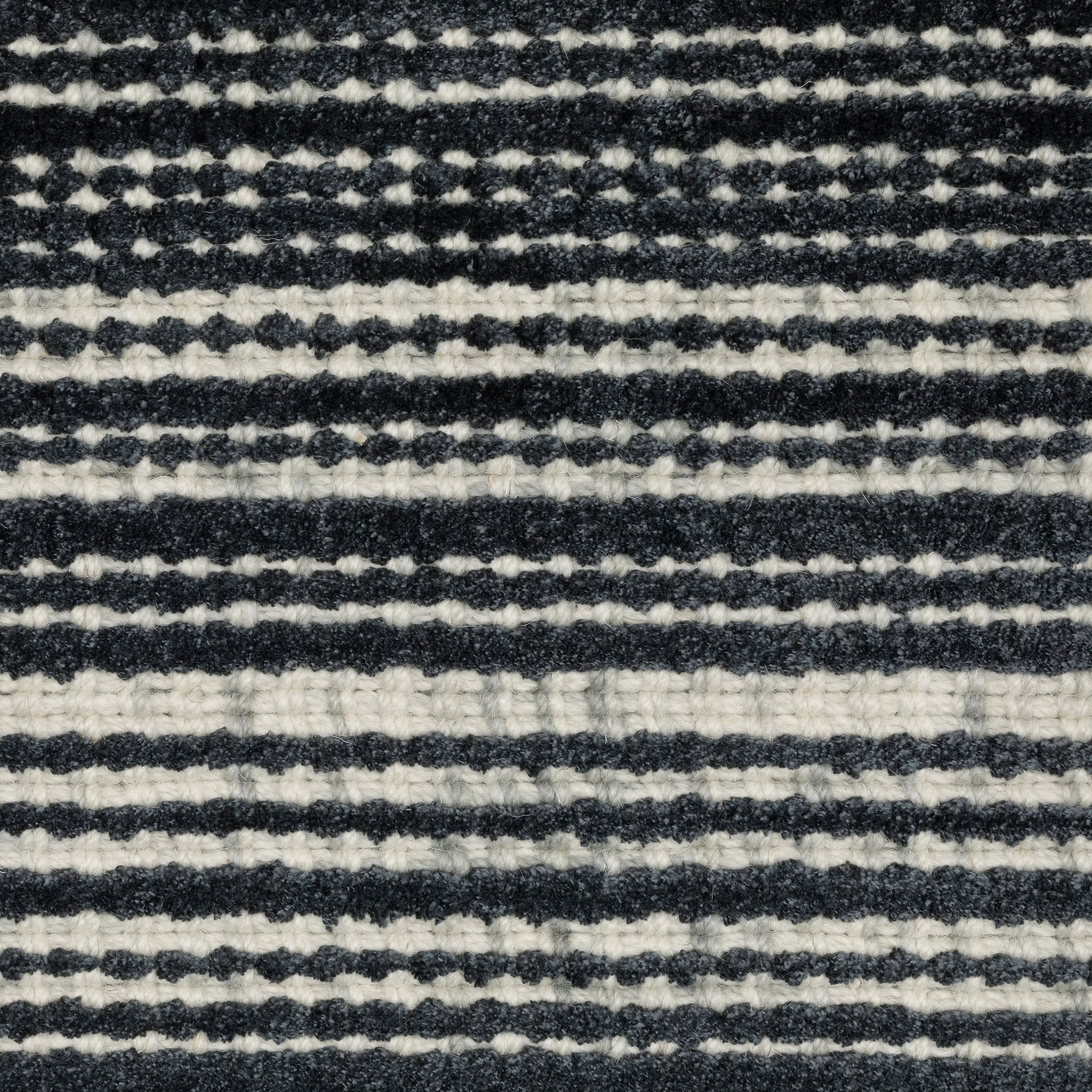 Charcoal grey striped wool rug with horizontal woven texture pattern