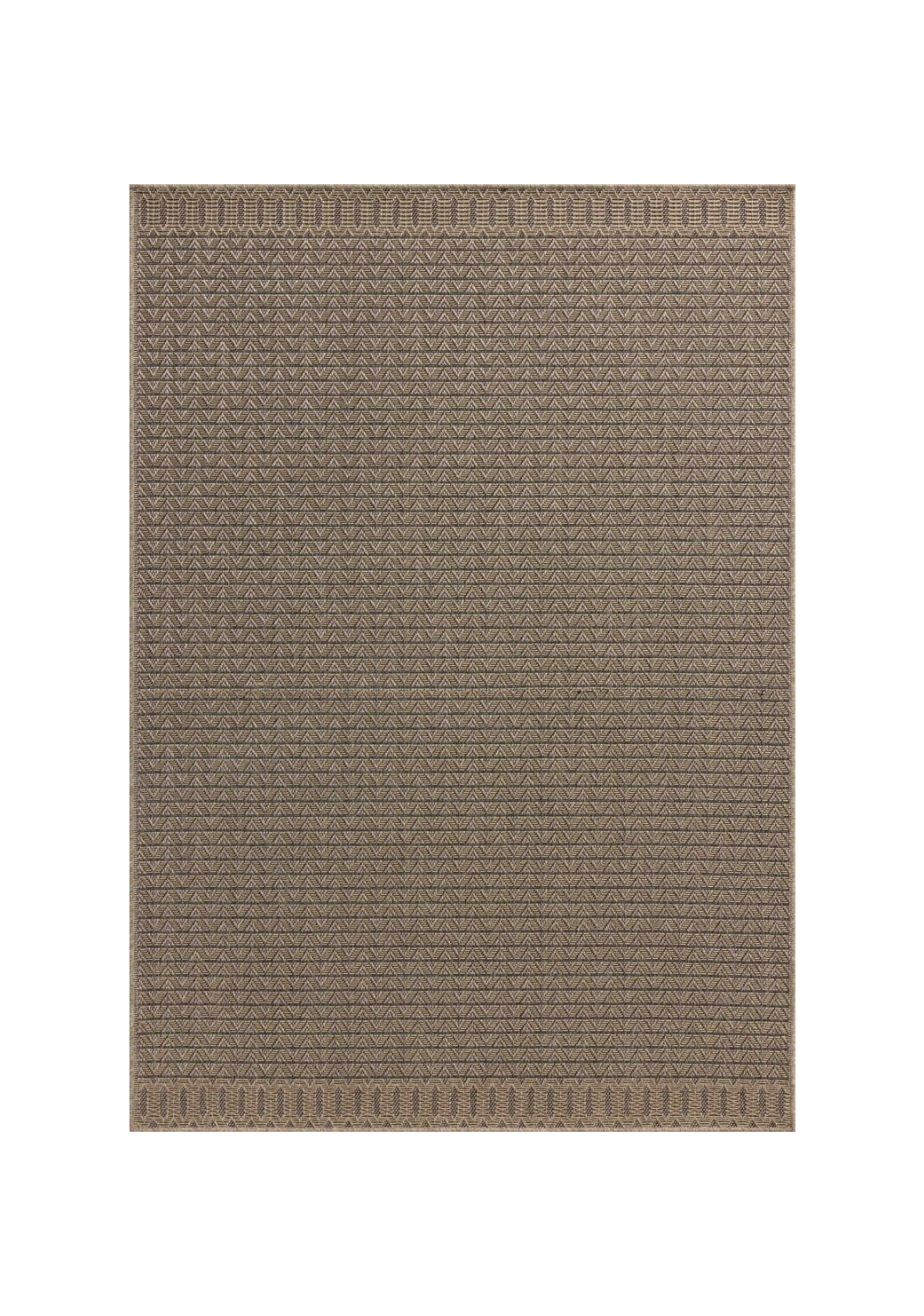 Tan and brown geometric patterned rug with textured weave and striped borders