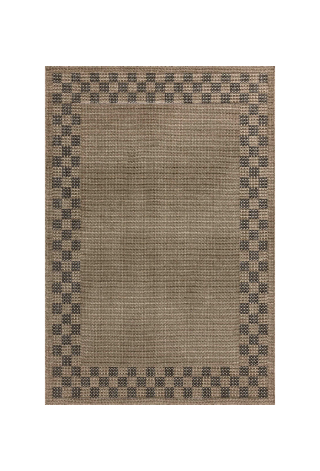 Beige and gray checkered border area rug with natural woven texture