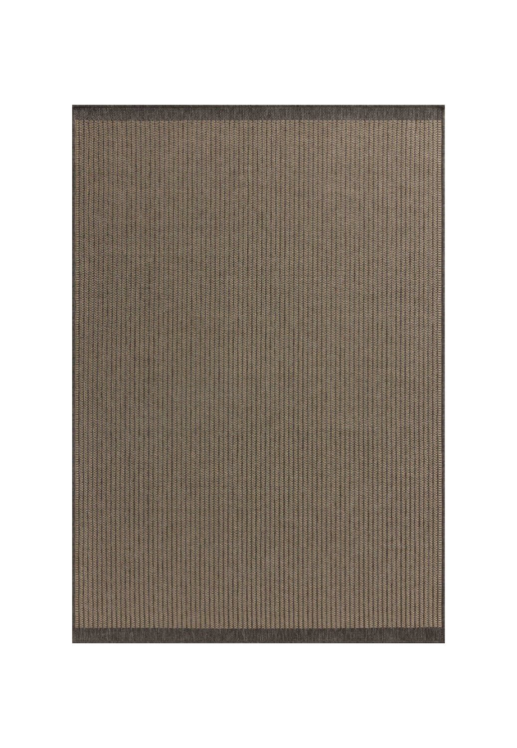 Neutral striped rug with subtle texture and dark border detail