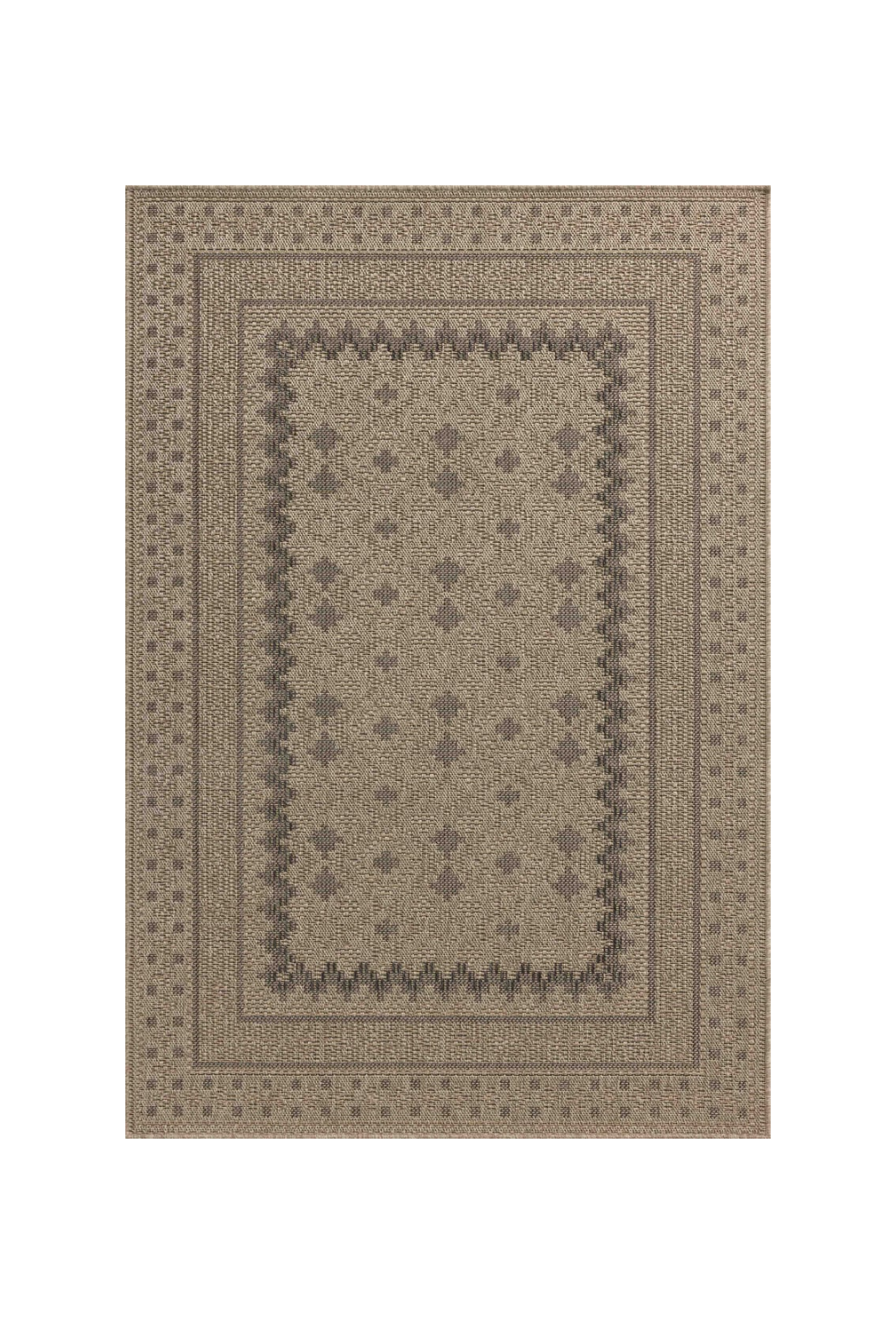 Beige geometric patterned rug with layered borders and textured woven appearance