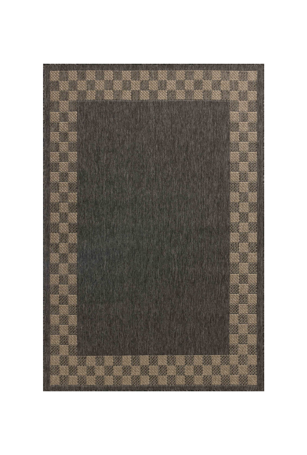 Charcoal grey and tan bordered outdoor rug in modern patio seating area