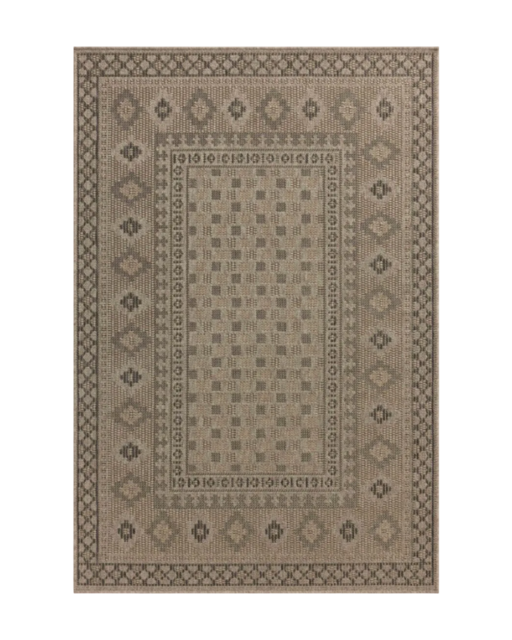 Beige geometric patterned rug with diamond motifs and decorative borders