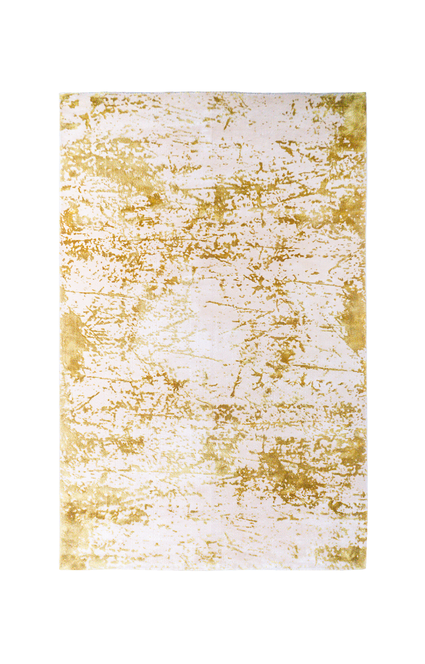 Gold and white distressed texture rug with abstract splatter pattern