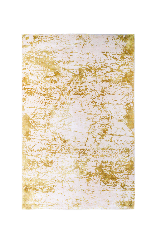 Gold and white distressed texture rug with abstract splatter pattern