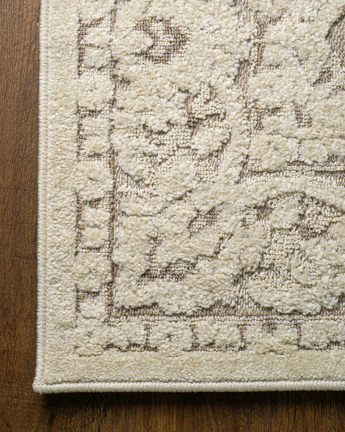 Cream and taupe traditional floral patterned area rug with ornate border