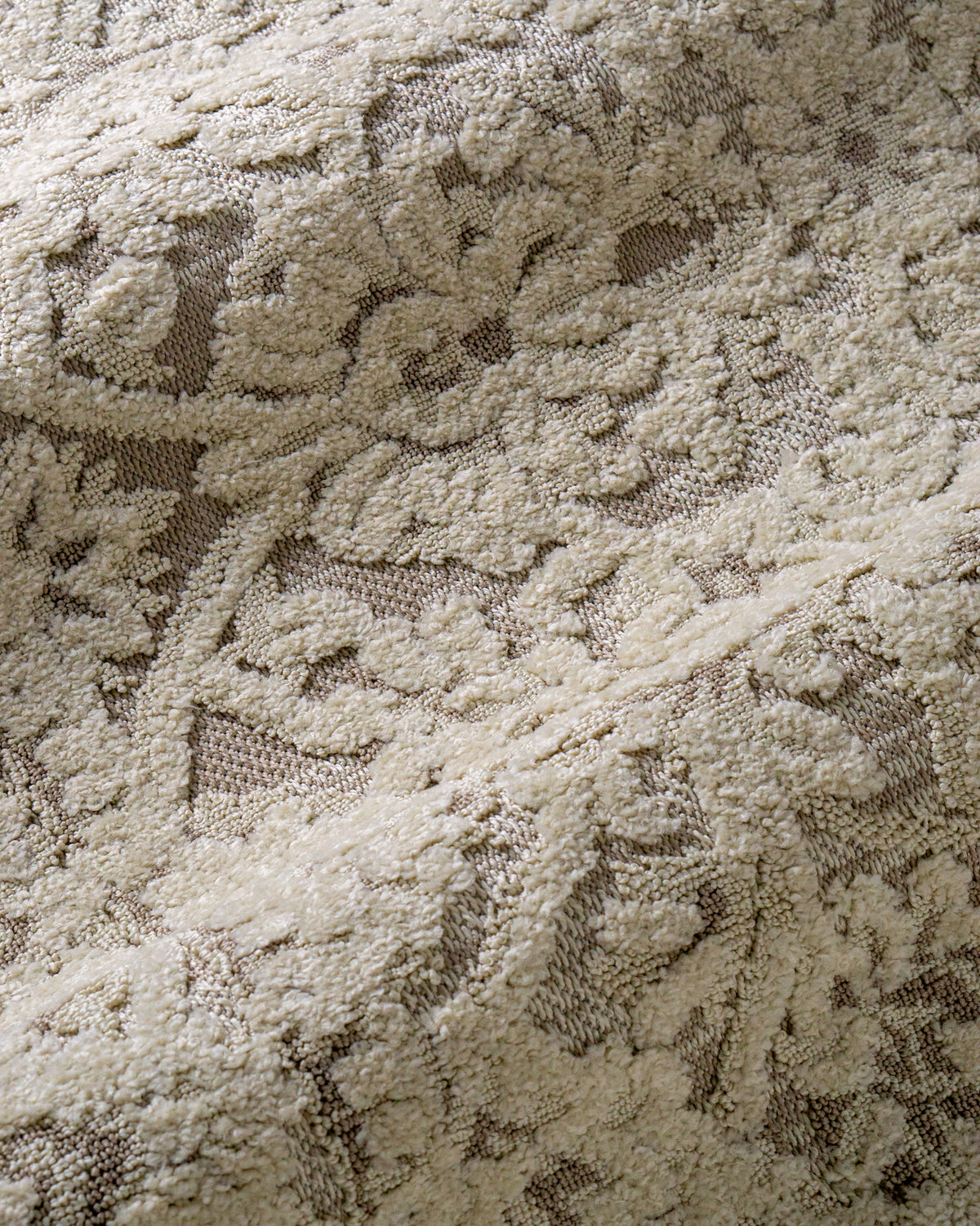 Cream and taupe traditional floral patterned area rug with ornate border