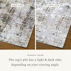 Abstract distressed rug with gold, grey, and cream weathered texture pattern
