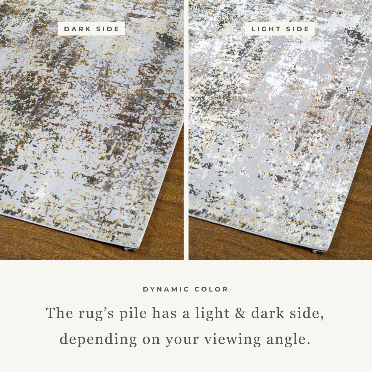 Abstract distressed rug with gold, grey, and cream weathered texture pattern