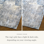 Modern distressed area rug with blue and grey abstract pattern on cream background