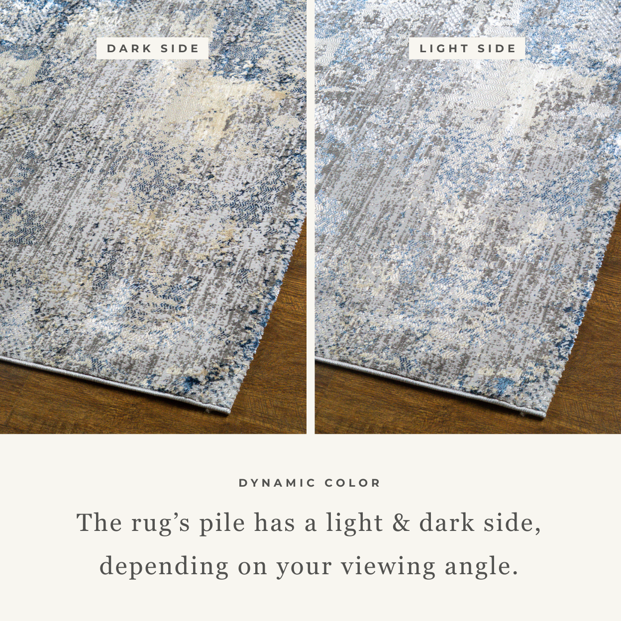 Modern distressed area rug with blue and grey abstract pattern on cream background