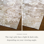 Distressed beige and gold textured area rug with vintage worn finish
