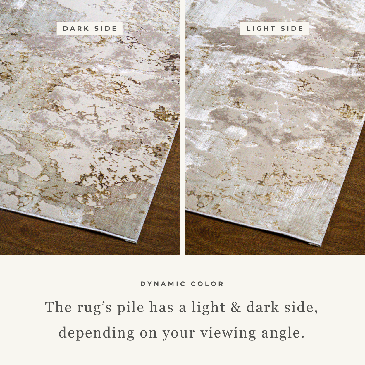 Distressed beige and gold textured area rug with vintage worn finish