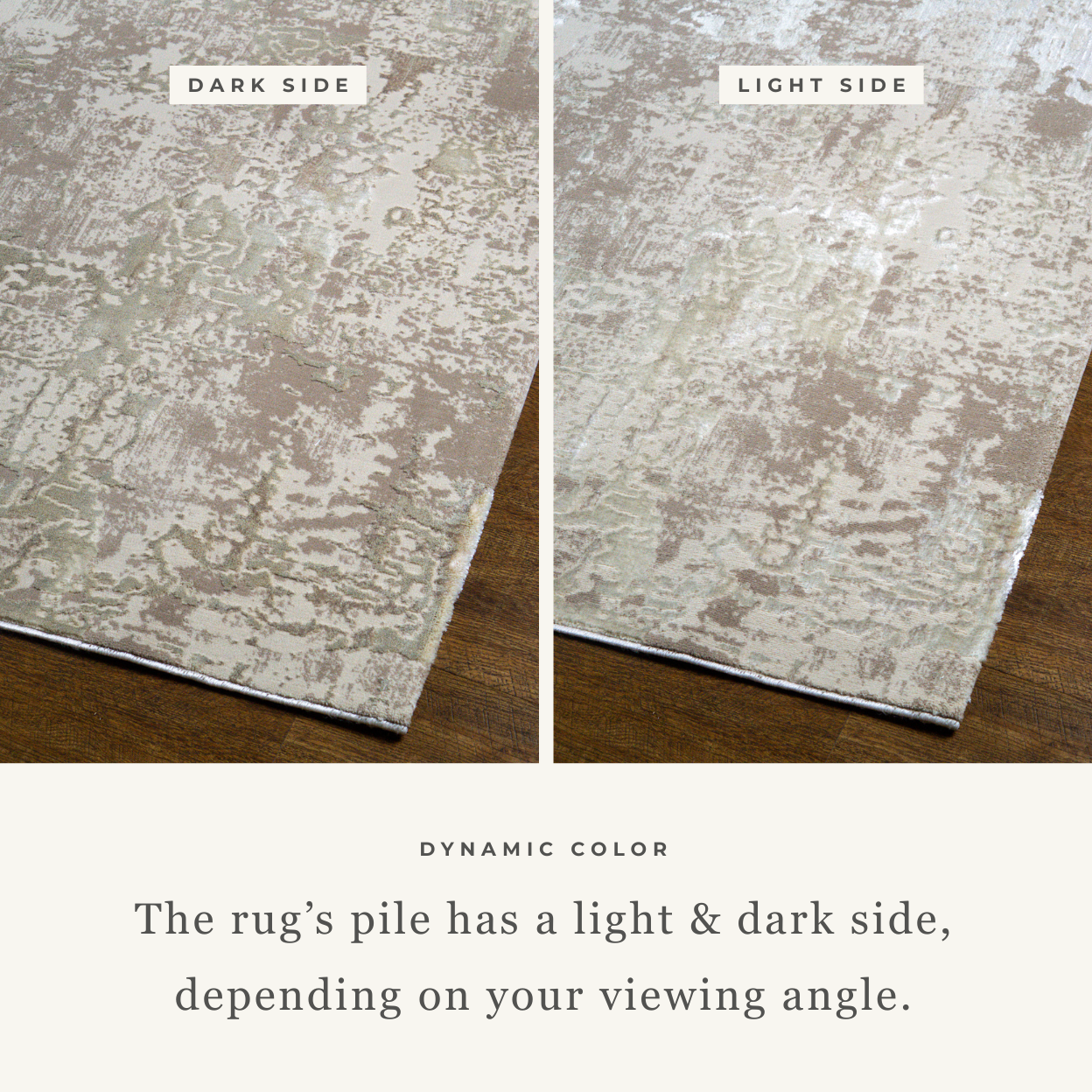 Distressed beige and taupe abstract rug with weathered texture design