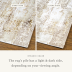 Distressed beige and gold abstract textured rug with worn vintage aesthetic
