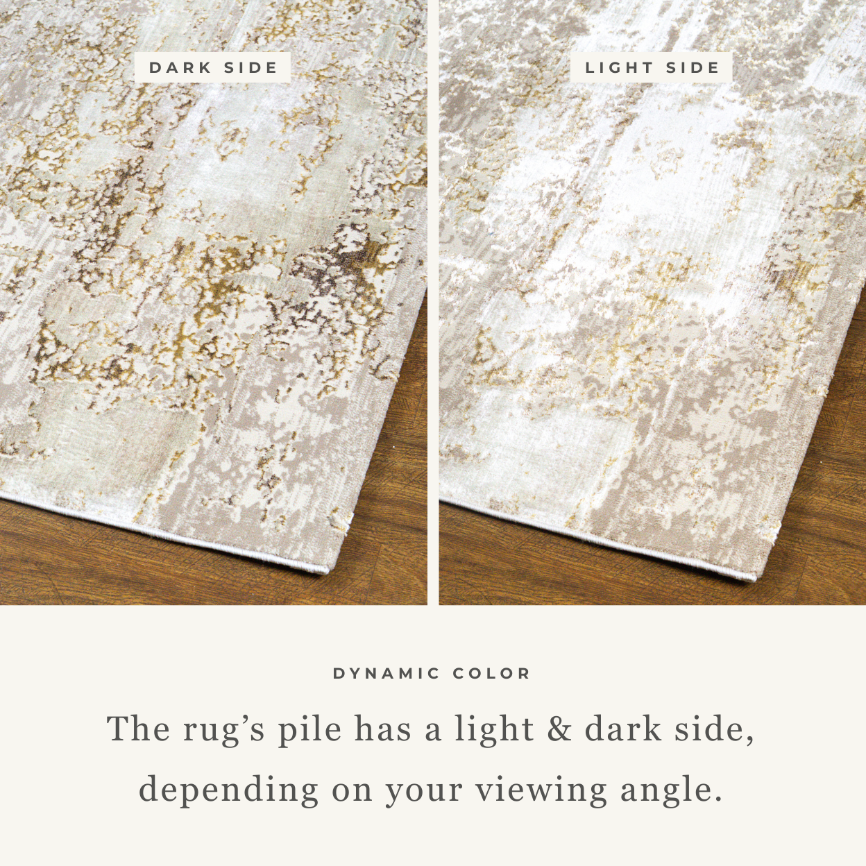 Distressed beige and gold abstract textured rug with worn vintage aesthetic