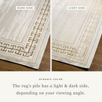 Cream and gold geometric Greek key patterned rug with textured distressed finish
