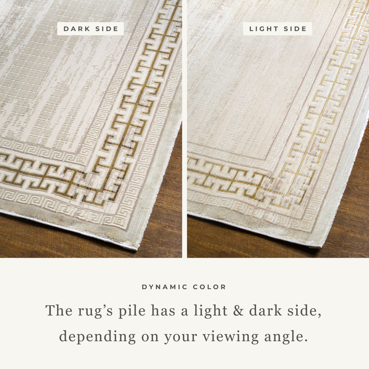 Cream and gold geometric Greek key patterned rug with textured distressed finish