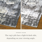 Modern distressed area rug in grey and cream tones with abstract pattern