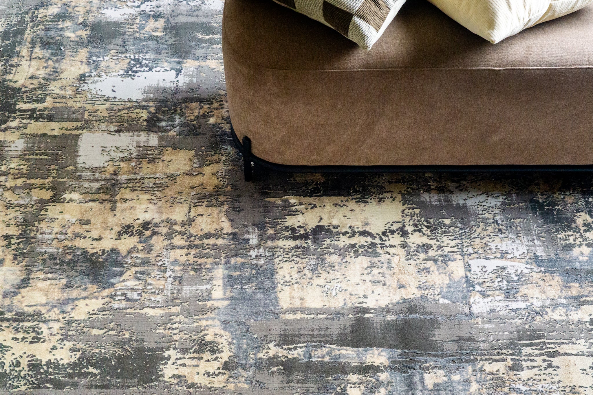 Gray and beige abstract distressed rug with modern textured pattern design