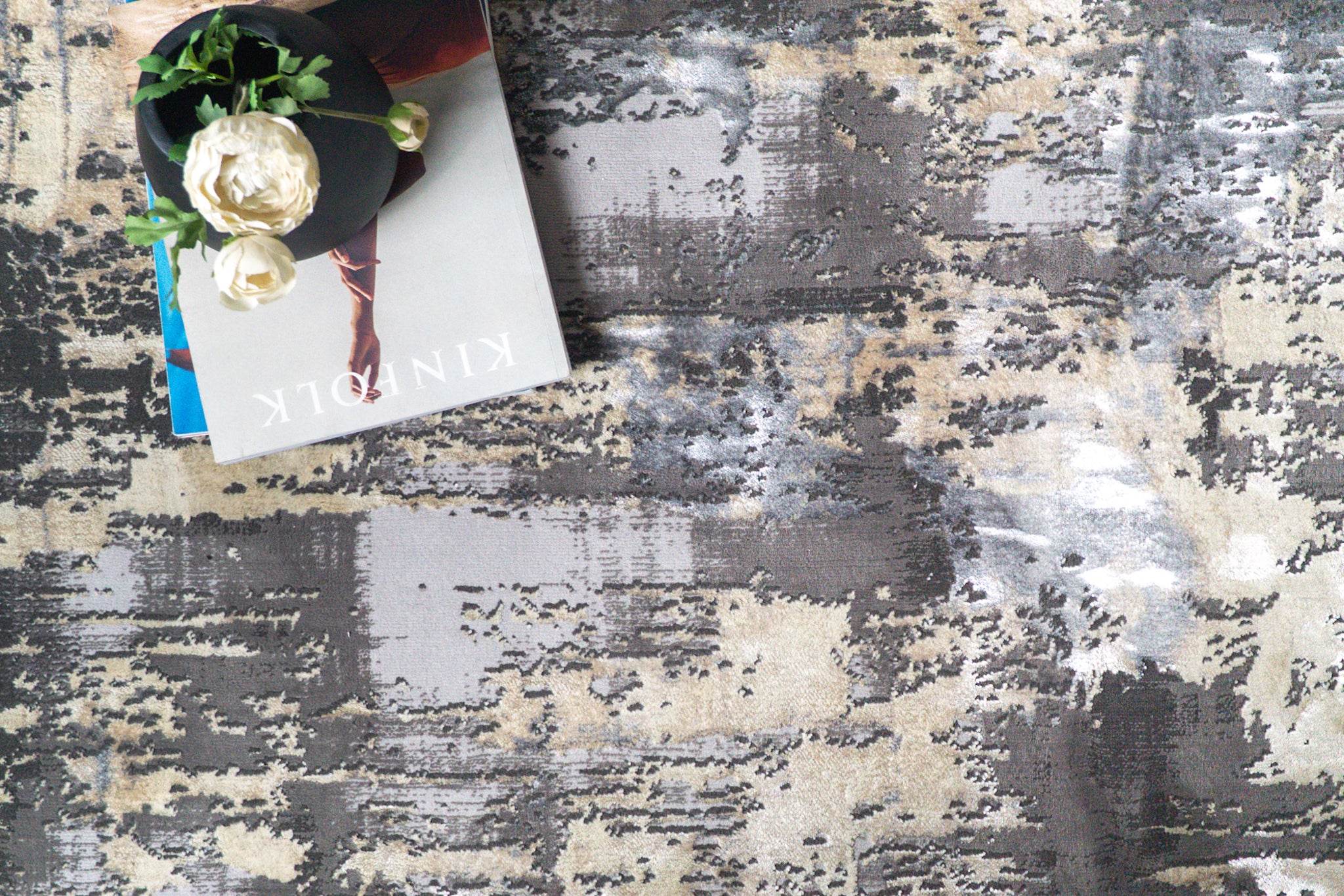 Gray and beige abstract distressed rug with modern textured pattern design