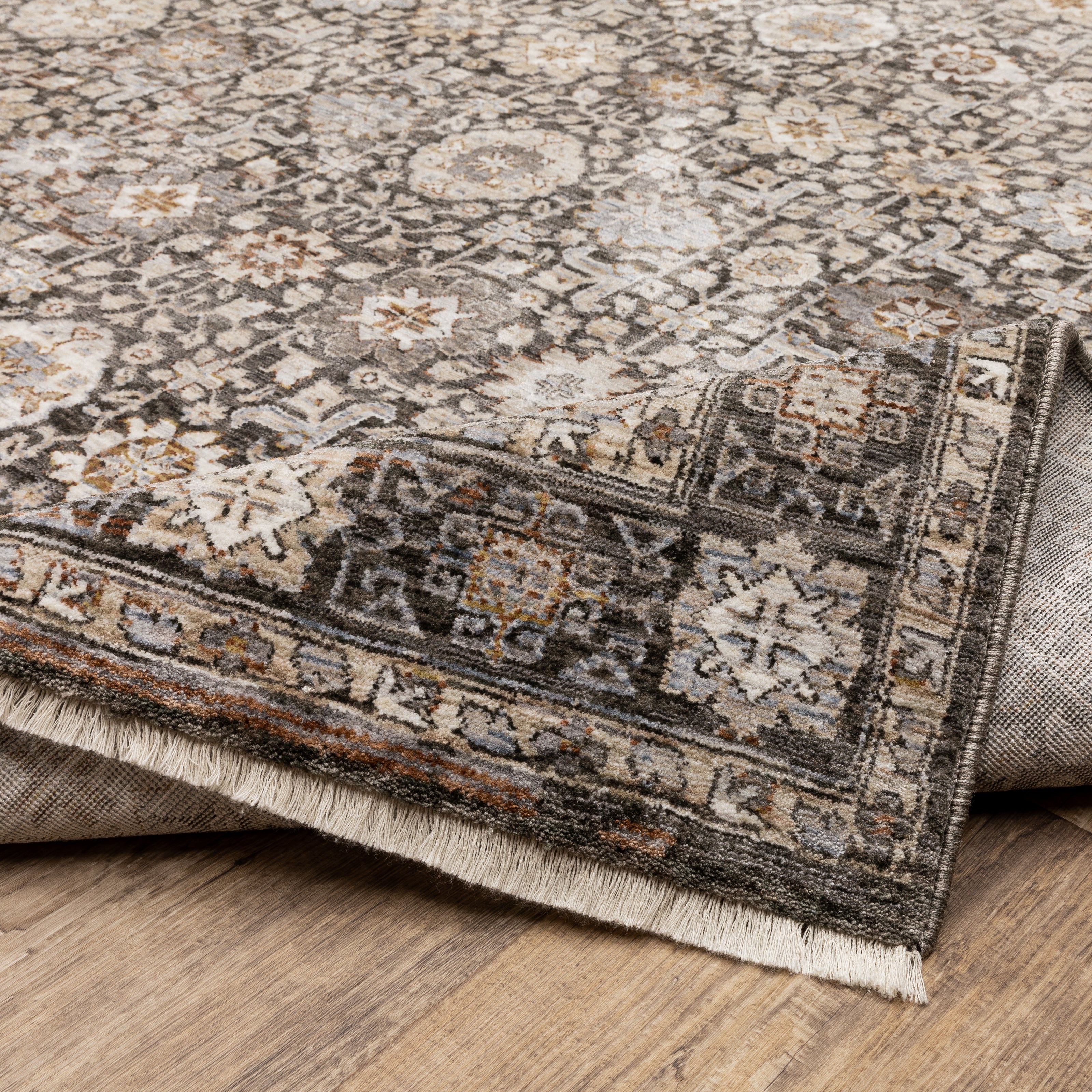 Vintage-style area rug with intricate geometric patterns in beige, taupe and cream tones