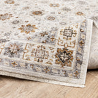 Beige traditional rug with brown and grey floral medallion pattern and ornate border
