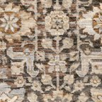 Vintage-style area rug with intricate geometric patterns in beige, taupe and cream tones