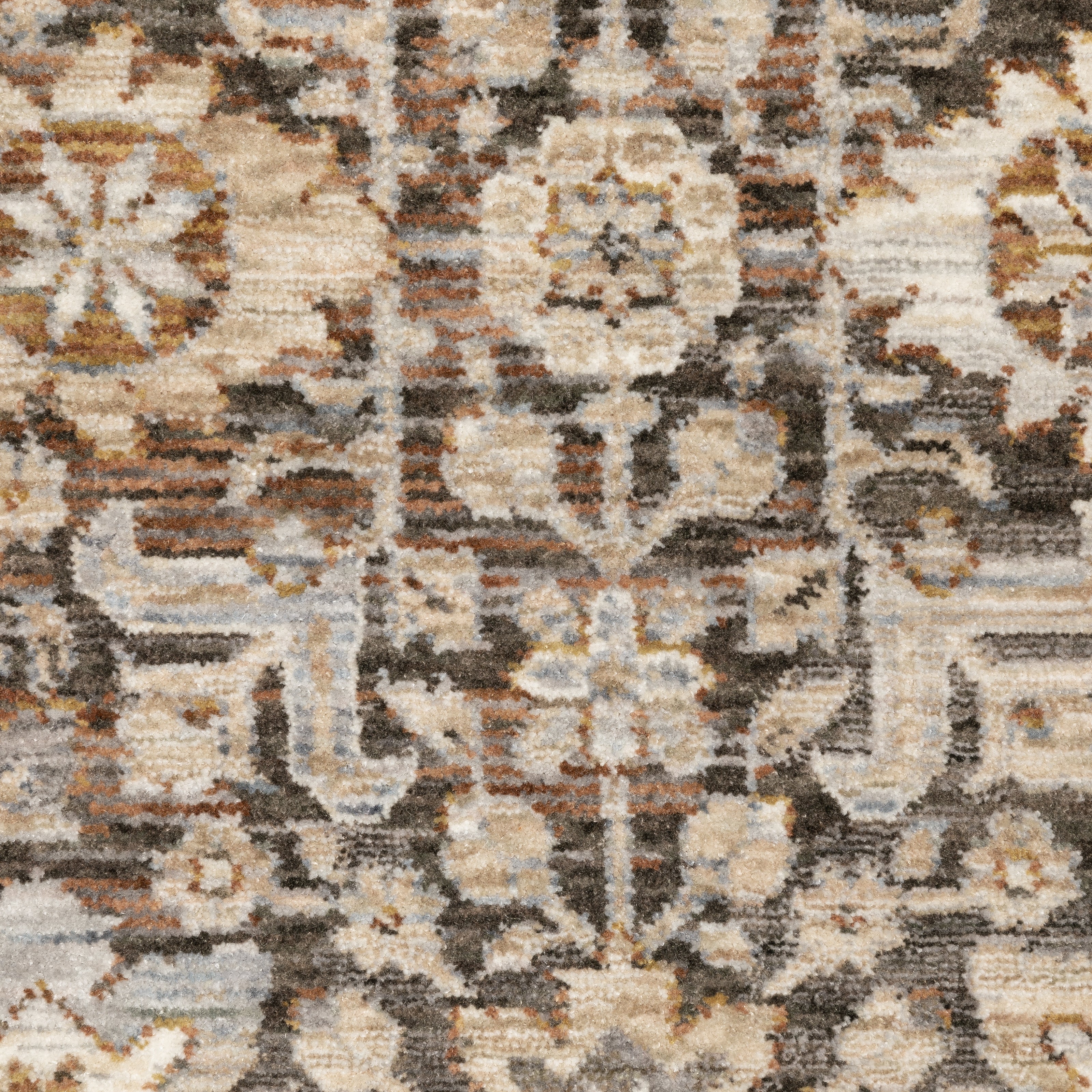 Vintage-style area rug with intricate geometric patterns in beige, taupe and cream tones