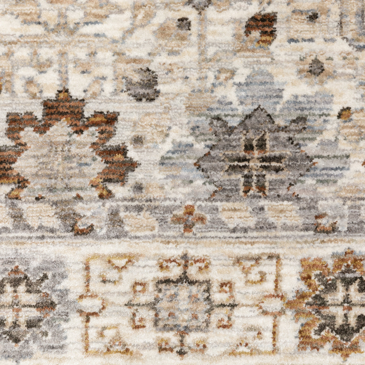 Beige traditional rug with brown and grey floral medallion pattern and ornate border