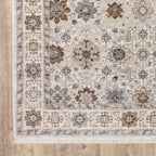 Beige traditional rug with brown and grey floral medallion pattern and ornate border