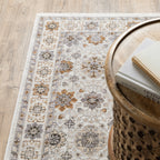 Beige traditional rug with brown and grey floral medallion pattern and ornate border