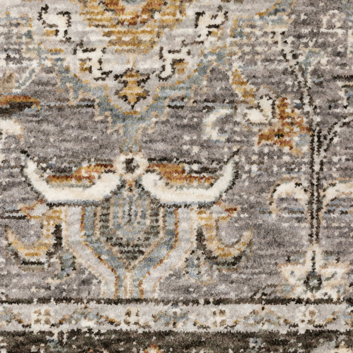 Grey and gold traditional patterned rug with dark ornate border