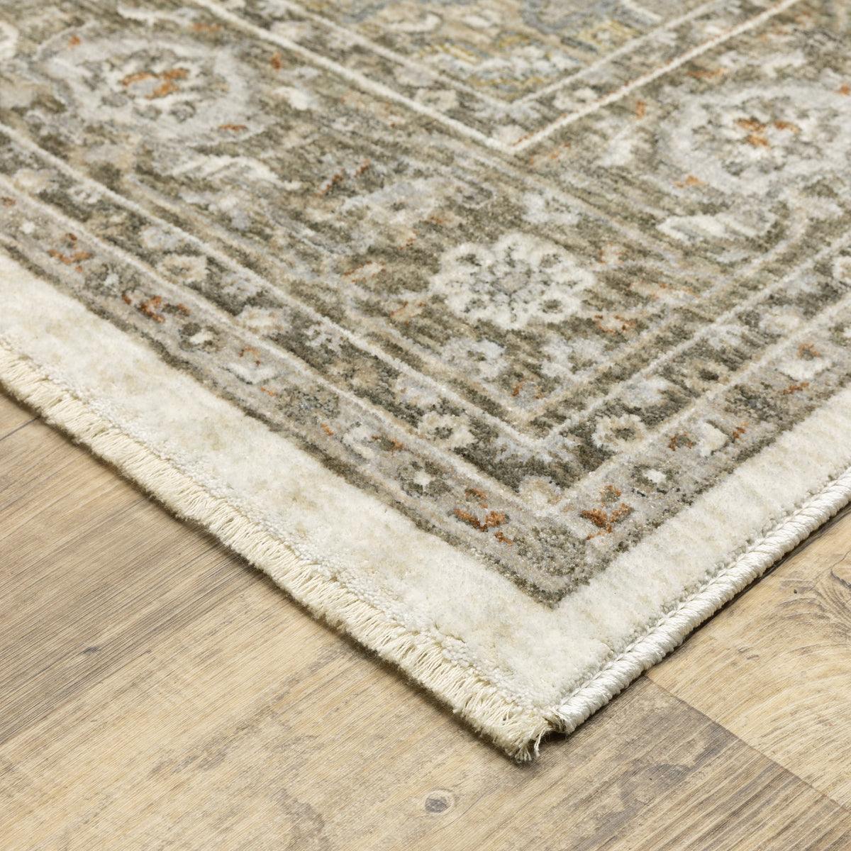 Traditional beige rug with blue and gold geometric medallion pattern and ornate borders