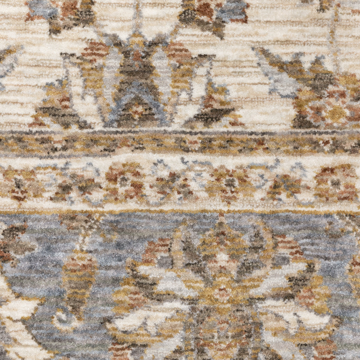 Cream and blue traditional floral area rug with ornate damask border design