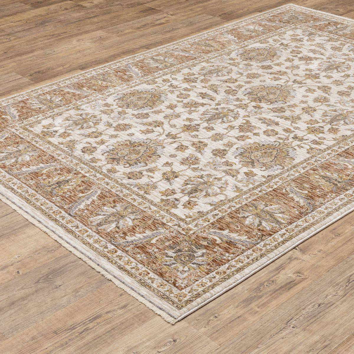 Classic floral pattern rug with cream center, terracotta border and ornate medallion design